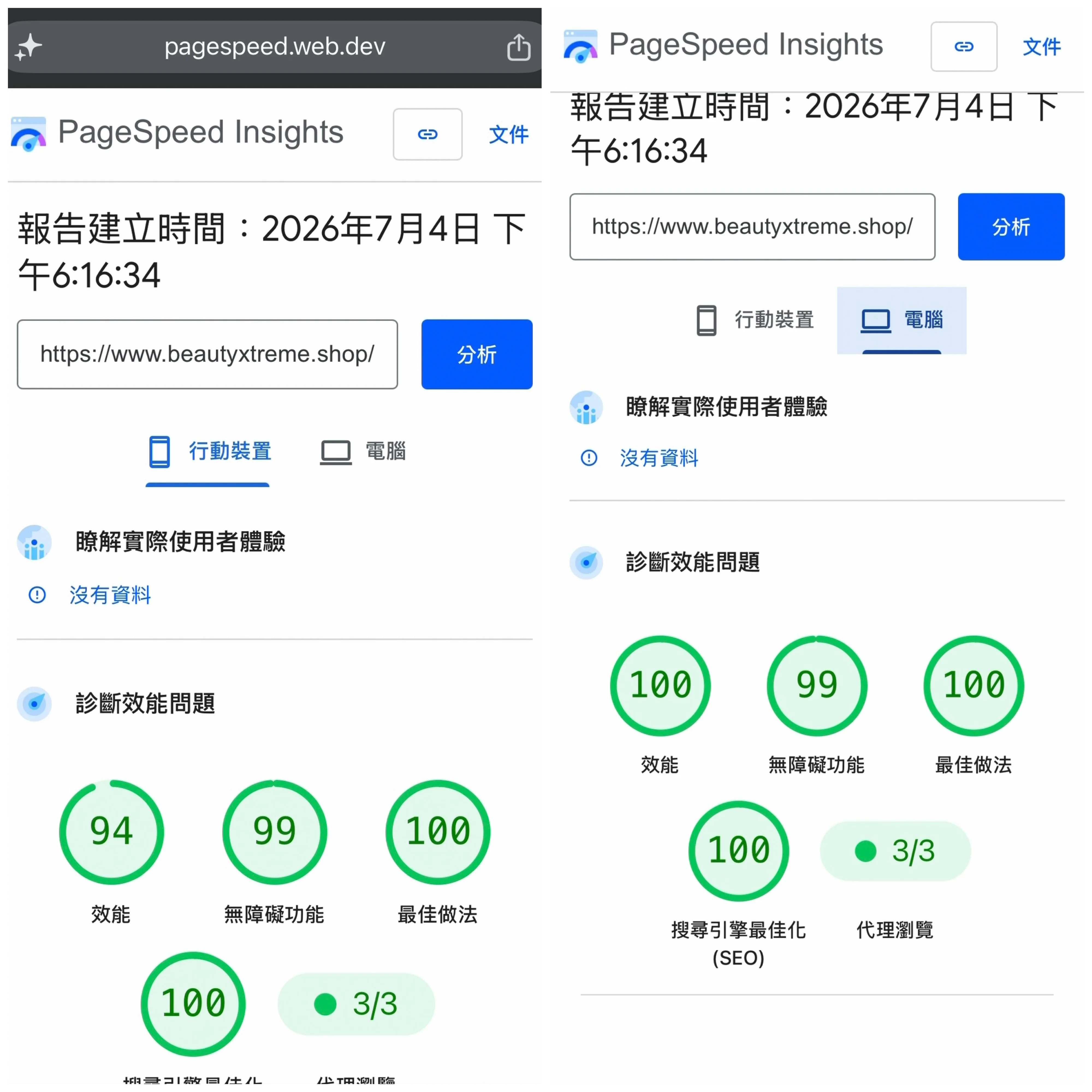 BeautyXtreme PageSpeed Insights